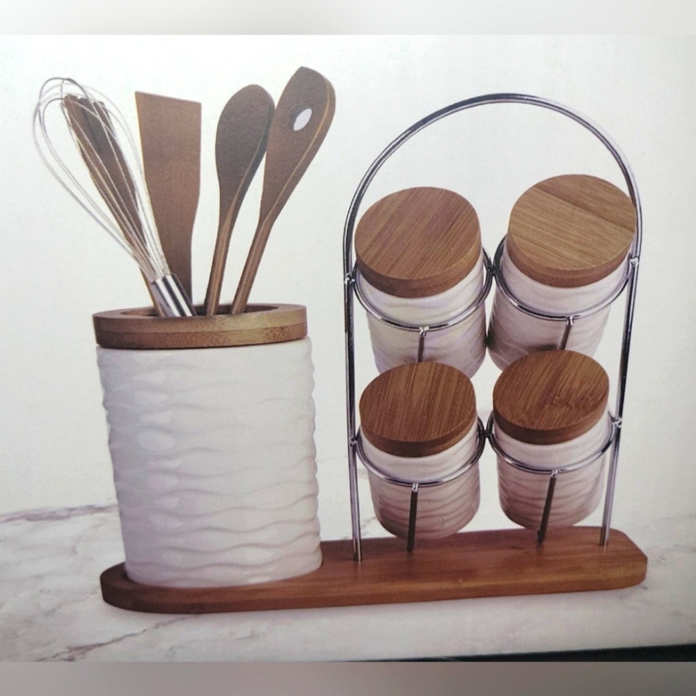 New Ceramic Bamboo 11 items kitchen set - 4 individual spice bottles, 4 wooden/b